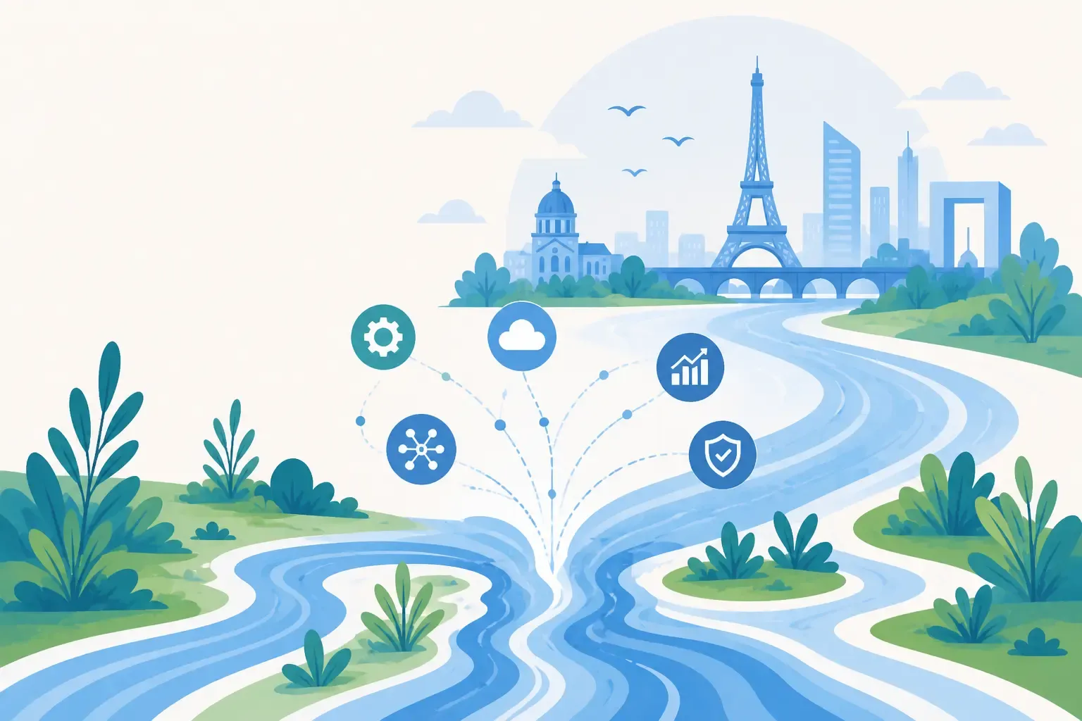 illustration vectorielle représentant Paris avec la Tour Eiffel le Panthéon et l'Arche de la Défense surplombant des rivières sinueuses stylisées ornées d'icônes technologiques flottantes symbolisant cloud computing analytics cybersécurité et connectivité réseau