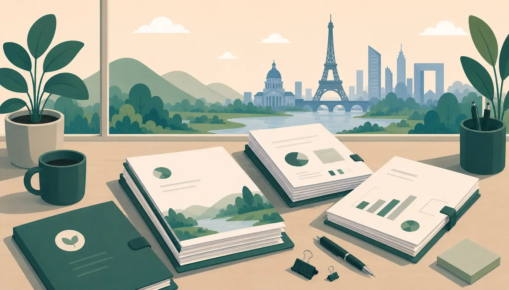 Un bureau avec plusieurs dossiers et rapports ouverts présentant des graphiques et des diagrammes circulaires, une tasse de café, des plantes vertes et des fournitures de bureau, avec en arrière-plan une vue sur la Tour Eiffel et un paysage urbain parisien au bord de la Seine.